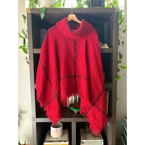 Plaid Cowl Neck Turtle Neck Fringed Poncho Shawl Sweater Cape One Size - Picture 4 of 7